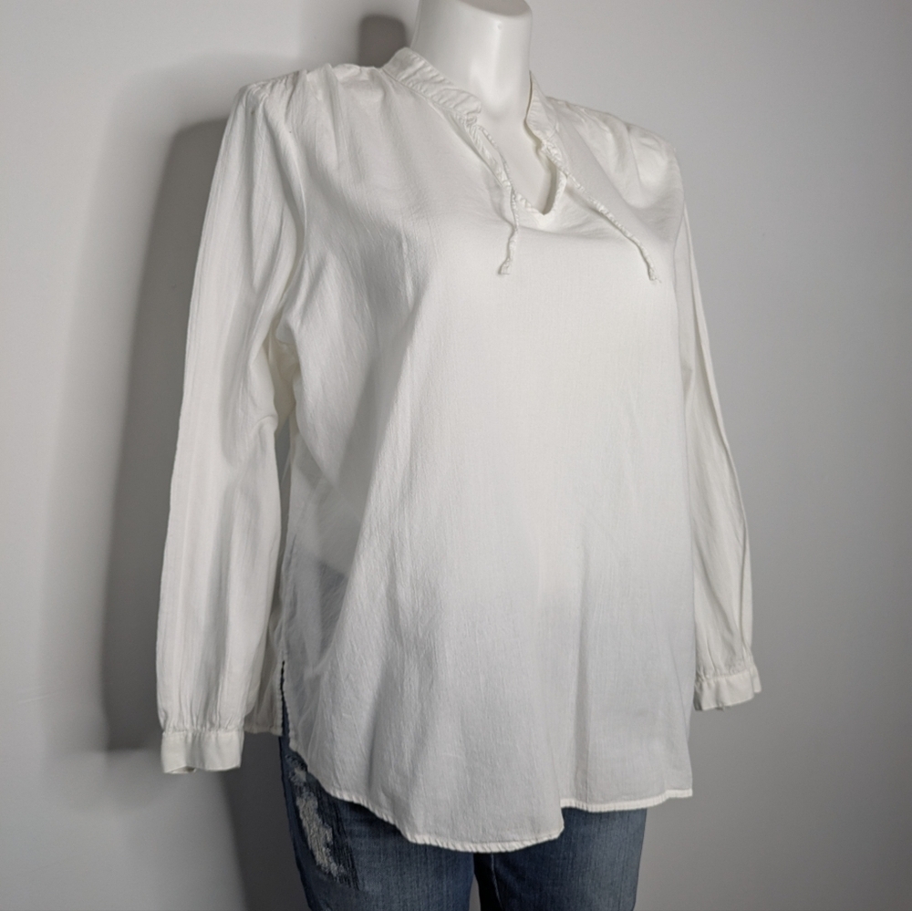 Tommy Hilfiger White Cotton Beachy Long Sleeve Tie Neck Top 18 - Picture 3 of 9